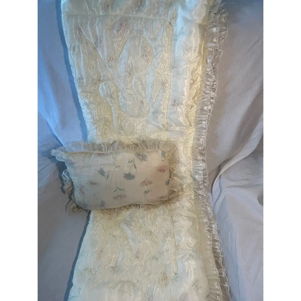 Vintage Yellow Floral Cherub Baby Comforter and Pillow Set Ruffle Lace Trim
